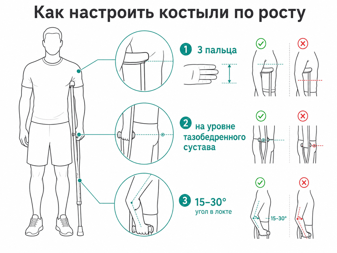 Как настроить костыли по росту: три пальца между подмышкой и упором, рукоятка на уровне тазобедренного сустава, локоть согнут на 15-30 градусов