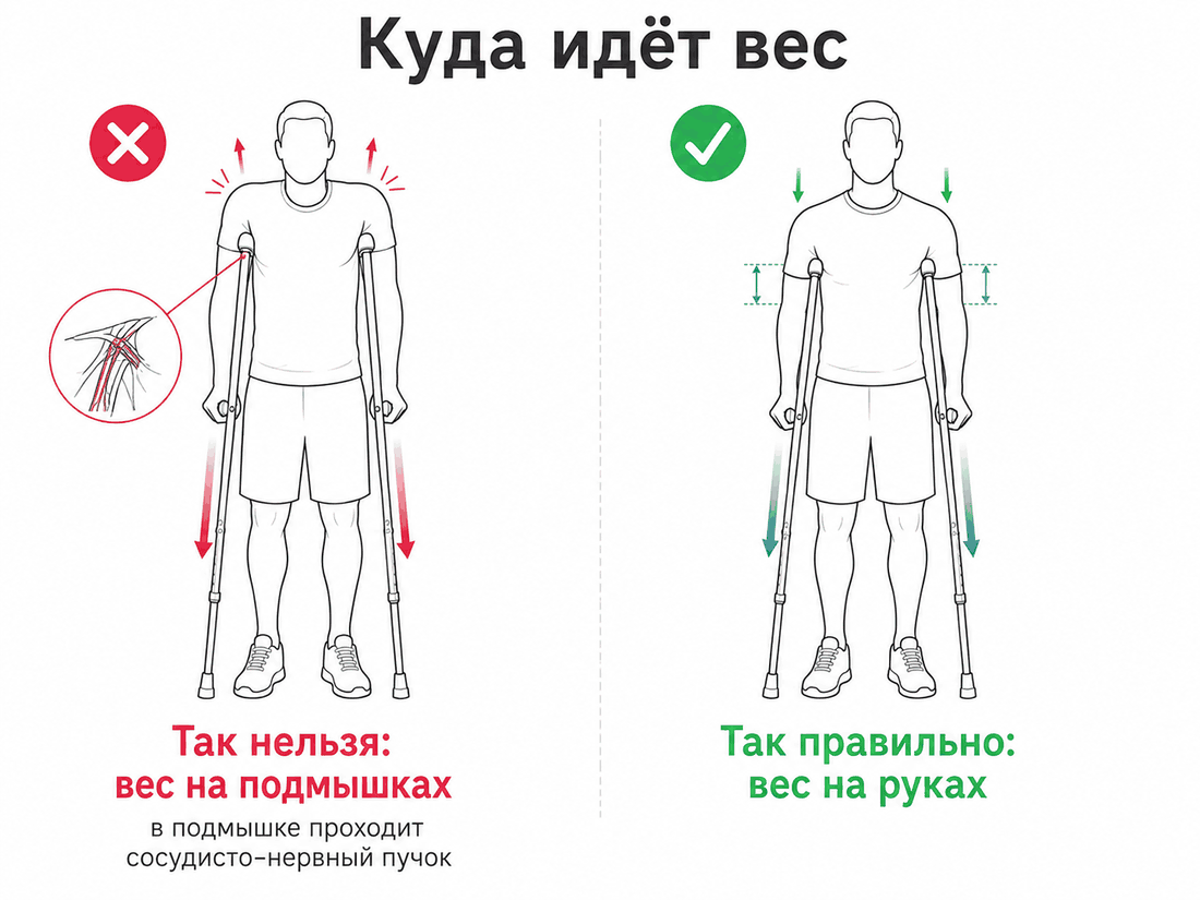 Куда идёт вес при ходьбе на костылях: опираться нужно на кисти, а не на подмышки, где проходит сосудисто-нервный пучок
