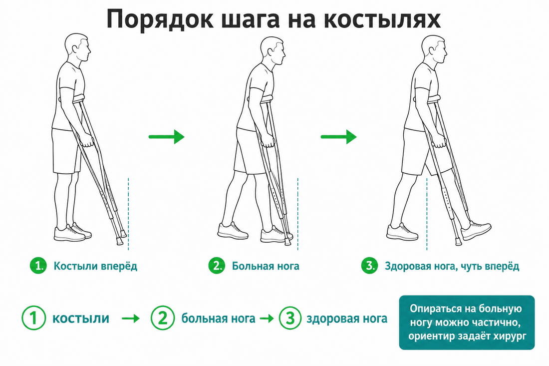 Порядок шага на костылях после пластики ПКС: сначала костыли вперёд, затем оперированная нога между ними, затем здоровая нога чуть вперёд